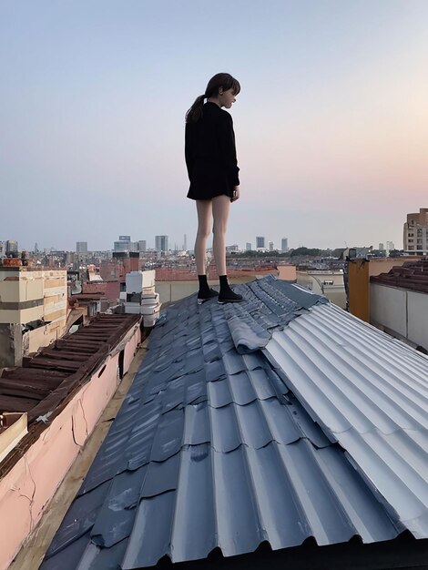 Una chica está de pie en el techo.