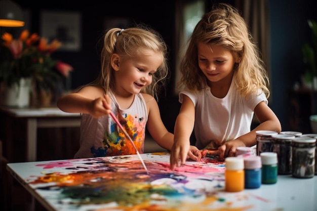 Una chica está pintando con su hermana.