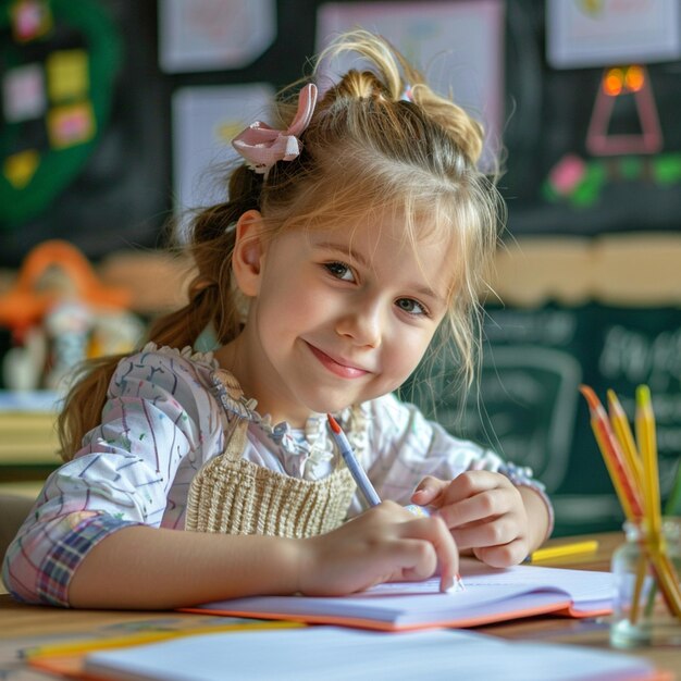 una chica está sentada en un escritorio con un lápiz en la mano