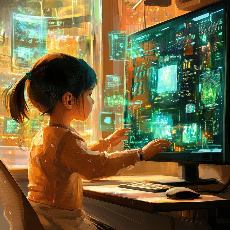 Foto una chica está sentada frente a un monitor de computadora escribiendo en un teclado