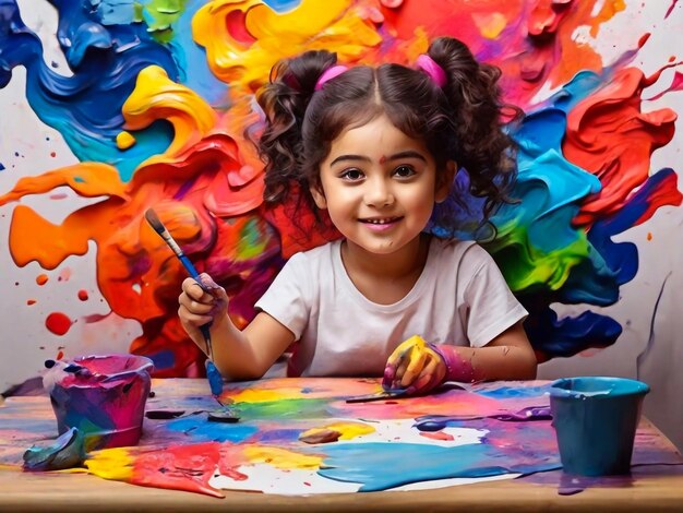 una chica está sentada frente a una pintura colorida que dice la palabra