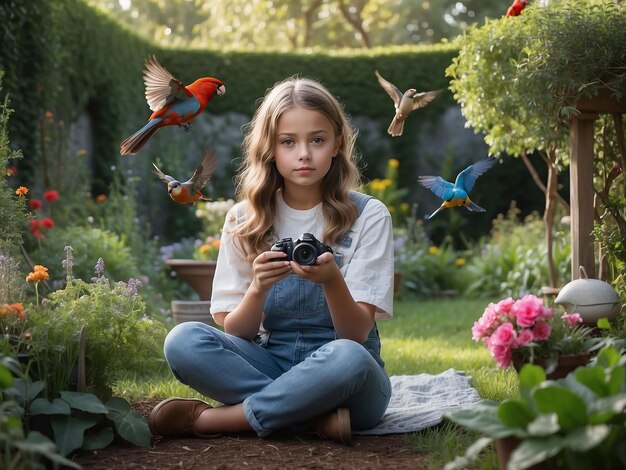 Una chica está sentada en el jardín con un pájaro en la mano