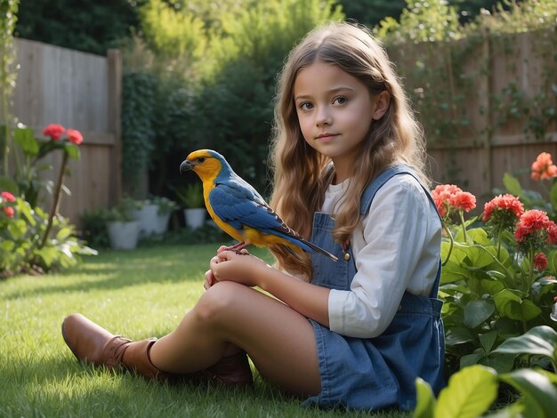 Una chica está sentada en el jardín con un pájaro en la mano