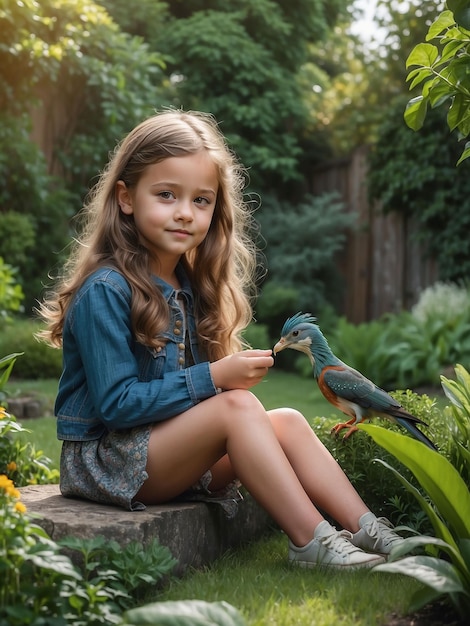 Una chica está sentada en el jardín con un pájaro en la mano