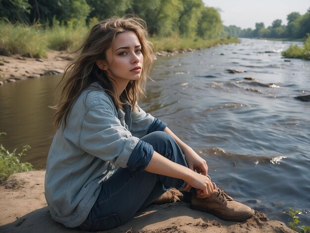 Una chica está sentada en la orilla de un río