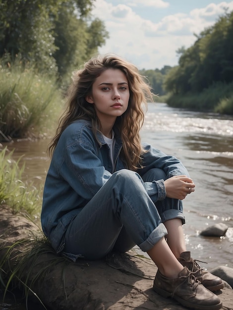 Una chica está sentada en la orilla de un río