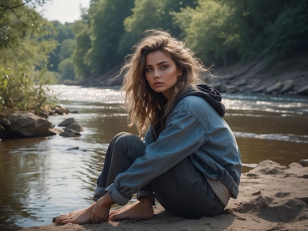 Una chica está sentada en la orilla de un río