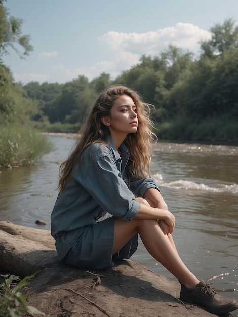 Una chica está sentada en la orilla de un río