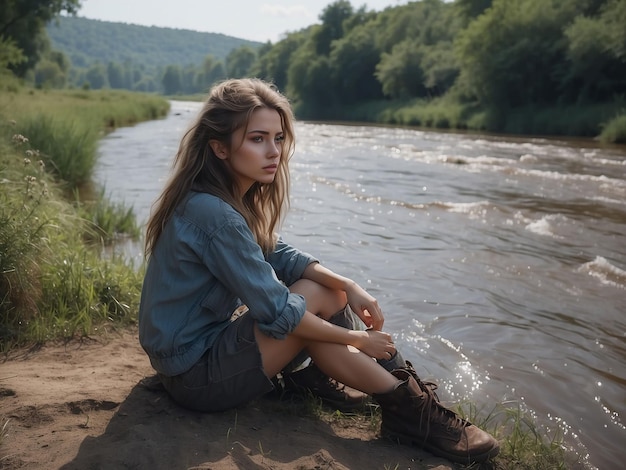 Una chica está sentada en la orilla de un río