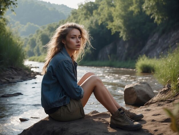 Una chica está sentada en la orilla de un río