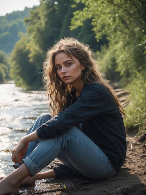 Una chica está sentada en la orilla de un río