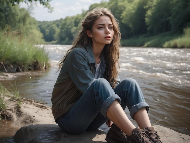 Una chica está sentada en la orilla de un río