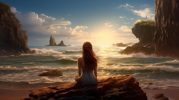 una chica está sentada en una playa mirando al mar al estilo de fantasías fotorrealistas
