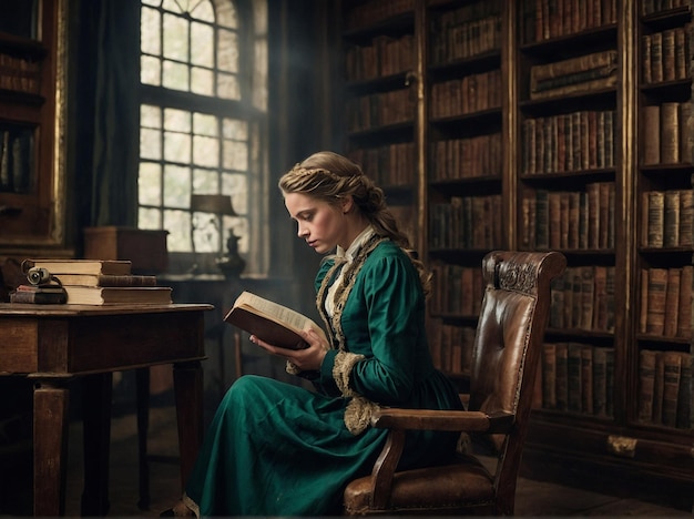 una chica está sentada en una silla leyendo un libro