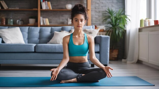 La chica está trabajando en casa. Está practicando yoga en casa.