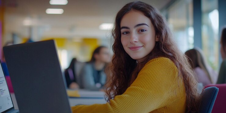 una chica está trabajando en una computadora y está mirando su computadora