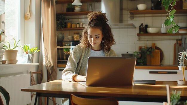 una chica está usando una computadora portátil en una cocina