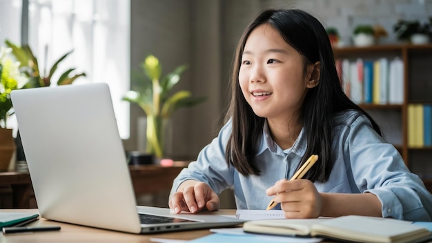 una chica está usando una computadora portátil con un lápiz y un bolígrafo