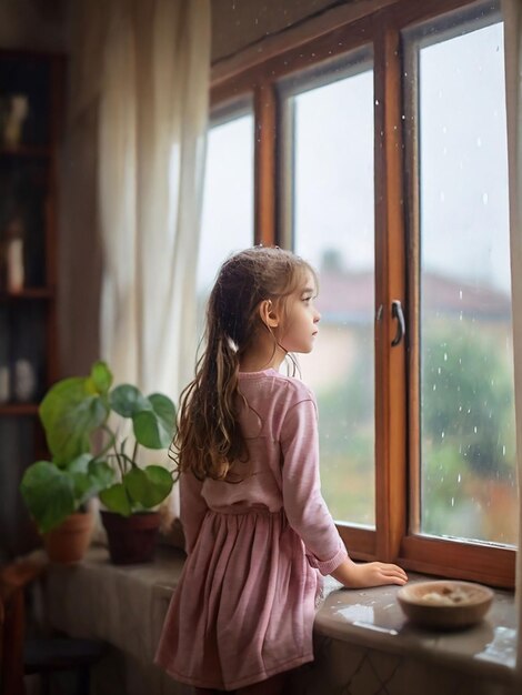 Una chica está viendo la lluvia afuera desde la ventana de la casa