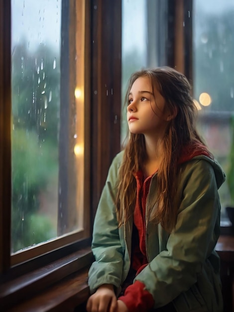 Una chica está viendo la lluvia afuera desde la ventana de la casa