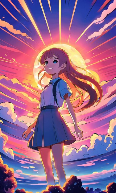 Foto chica de estilo anime de dibujos animados sobre fondo de nubes rojas coloridas fondo de pantalla ilustración hd