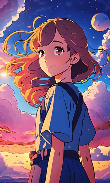 Foto chica de estilo anime de dibujos animados sobre fondo de nubes rojas coloridas fondo de pantalla ilustración hd