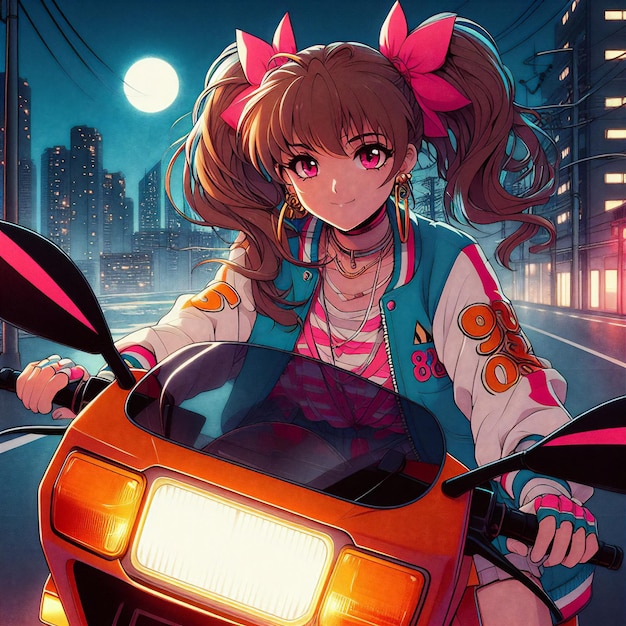 Chica de estilo anime vintage en una moto por la noche ilustración