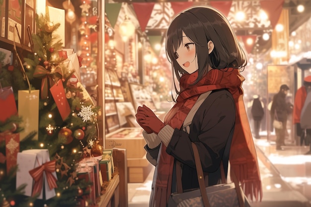 Una chica en estilo manga comprando regalos para Navidad