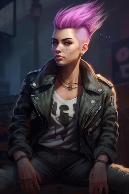 Una chica con un estilo punk rock con una chaqueta de cuero