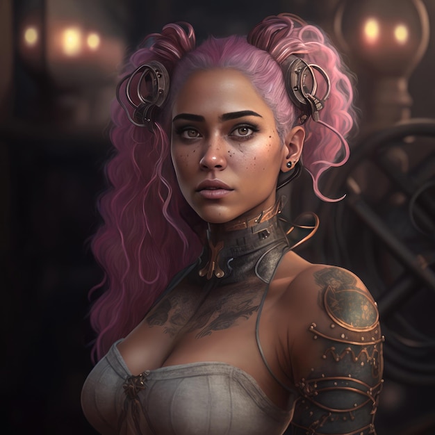 Chica en estilo steampunk Pelo rosa IA generativa