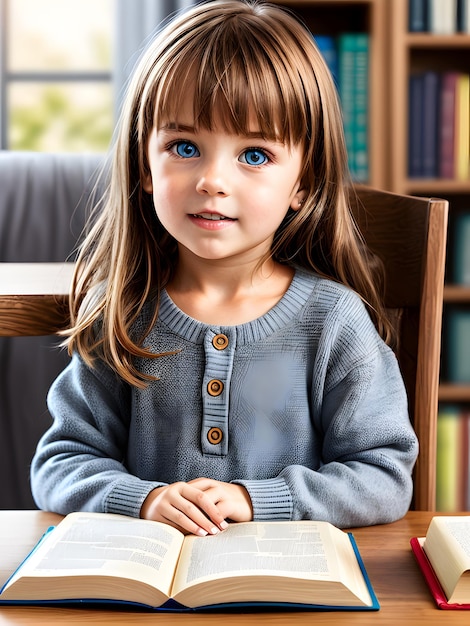 Chica estudiando libros en casa AI generativo