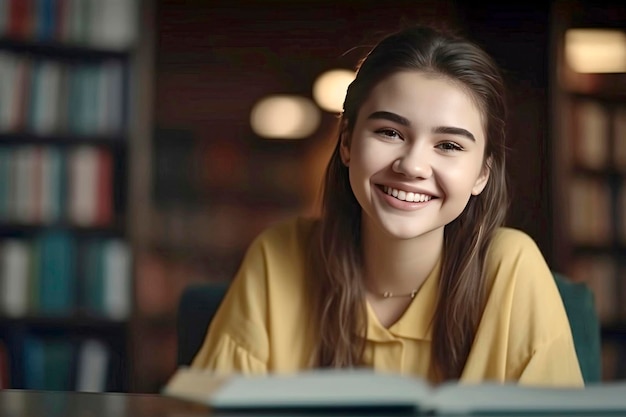 chica estudiante se sienta en la biblioteca con libros sonriendo y mirando a la cámara Educación ONU