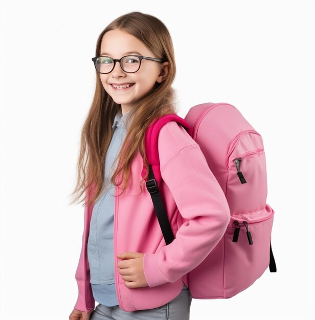 Chica estudiante sonriente con su mochila rosa aislado sobre fondo blanco.