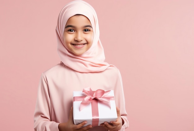 chica en estudio de fondo rosa en pose sosteniendo papel de regalo felizmente