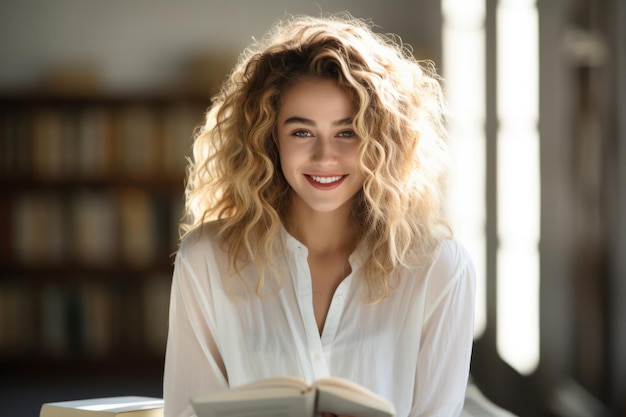 Una chica estudiosa cautivada por el encanto de la biblioteca se adentra en un libro. Cada página un mundo en el que se sumerge preparándose para los retos de los exámenes.