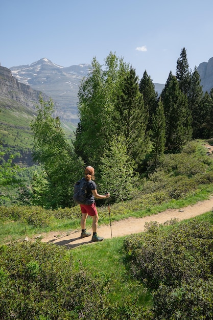 Chica excursionista en la montaña