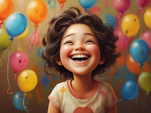 una chica con una expresión feliz está sonriendo con globos en el fondo