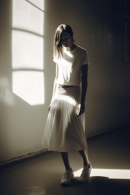 Una chica con falda blanca se encuentra en una habitación oscura con una ventana detrás de ella.