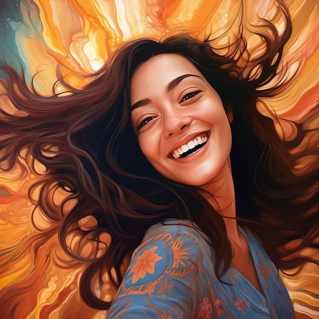 Chica feliz y alegre disfrutando y tomando una foto selfie hermosa mujer de fantasía feliz y sonriente