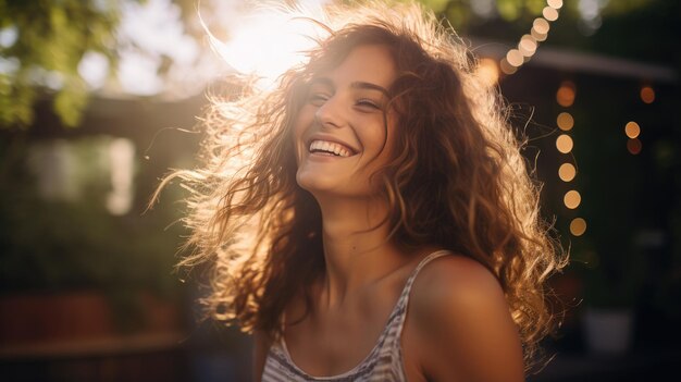 Chica feliz bailando en una fiesta al aire libre