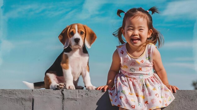 Foto la chica feliz y un cachorro de beagle en la pared gris