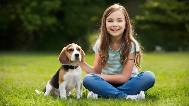 La chica feliz y un cachorro de beagle