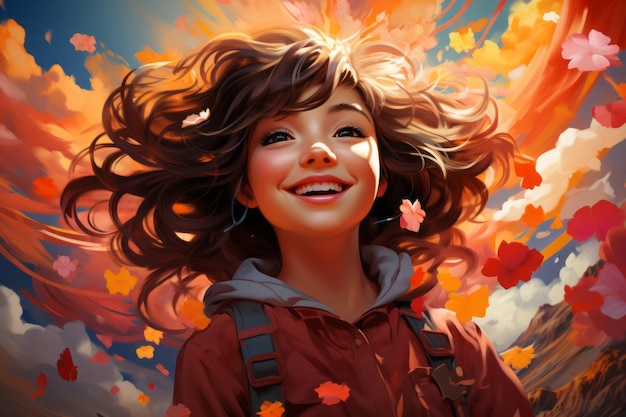 Chica feliz Cielo cálido en el arte de la tarde Imagen de ilustración hermosa IA generativa