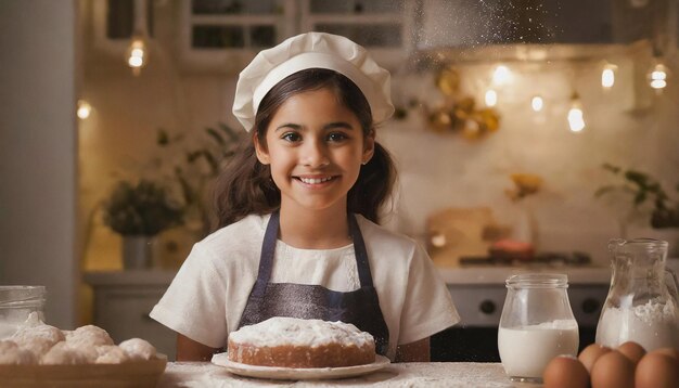 Una chica feliz cocinando un pastel.