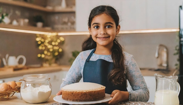 Una chica feliz cocinando un pastel.