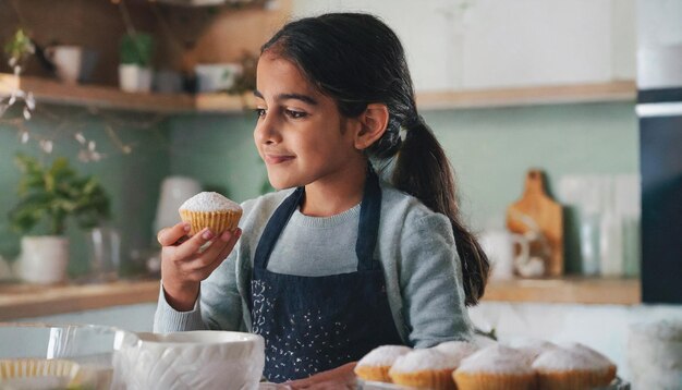 Una chica feliz cocinando un pastel.