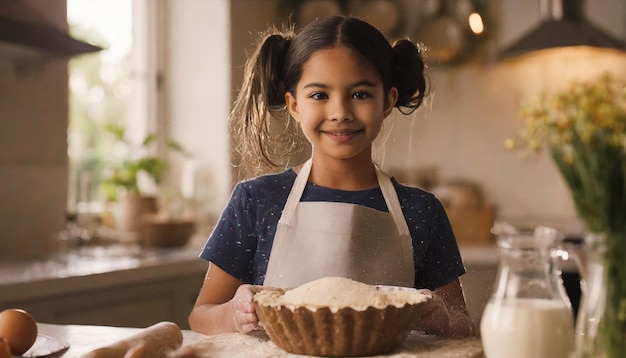 Una chica feliz cocinando un pastel.