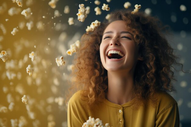 Chica feliz con un cubo de palomitas de maíz en la fiesta nocturna