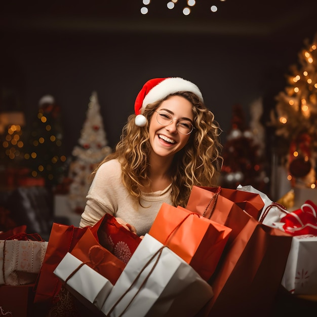 chica feliz en escena de navidad con regalos