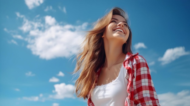 Chica feliz en el fondo de un cielo azul de verano con nubes blancas